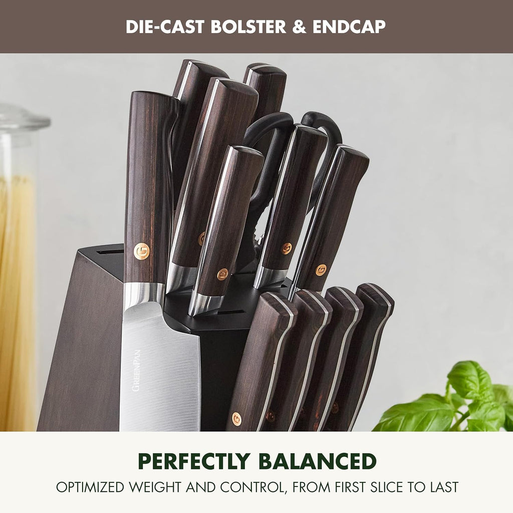 GreenPan Elite 13 Piece Wooden Knife Block Set, Professional Stainless Steel Blades with Titanium Coating, Ultra-Sharp Kitchen Cutlery, Chef, Santoku, Bread & Steak Knives, Ergonomic Brown Wood Handle