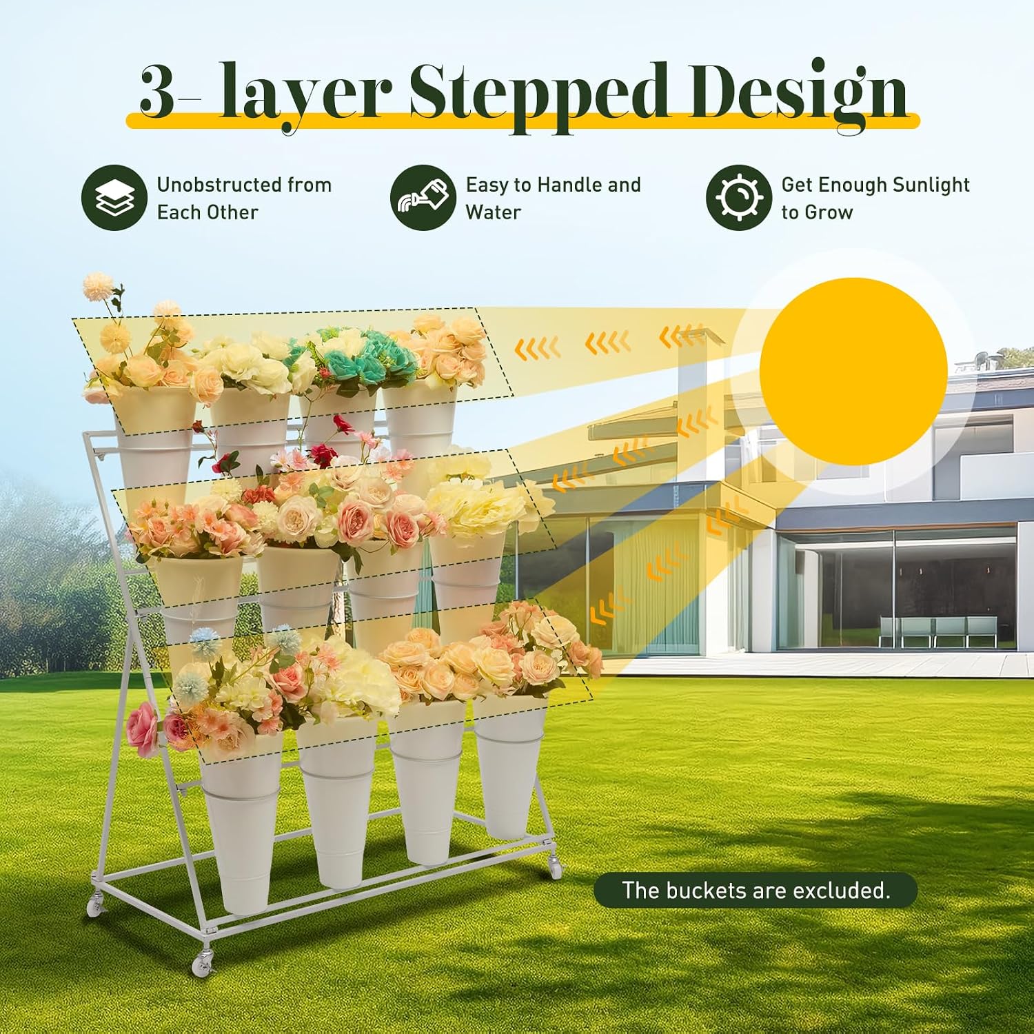 Flower Display Stand with 12Pcs White Round Buckets, 3 Layers White Metal Plant Stand with Wheels, Moving Florist Bouquet Shelf for Fresh Flowers Shop Patio Garden Outdoor Flower Pop-Up Events