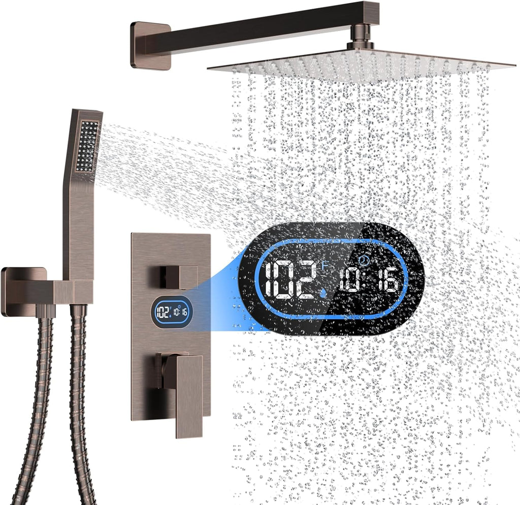 Longriver Shower Faucet Set with Hydro Power Temperature Display, Shower System 10 Inch Shower Head with Handheld Spray, Wall Mounted Shower Fixtures with Shower Valve and Trim Kit, Oil Rubbed Bronze