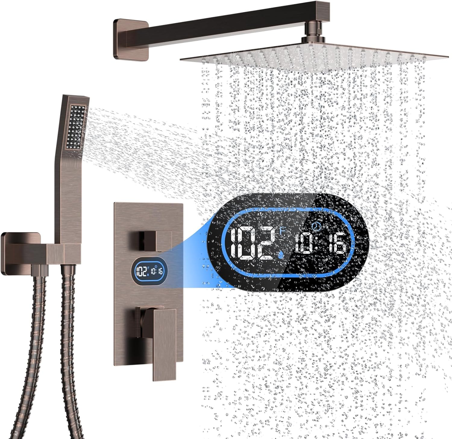 Longriver Shower Faucet Set with Hydro Power Temperature Display, Shower System 10 Inch Shower Head with Handheld Spray, Wall Mounted Shower Fixtures with Shower Valve and Trim Kit, Oil Rubbed Bronze