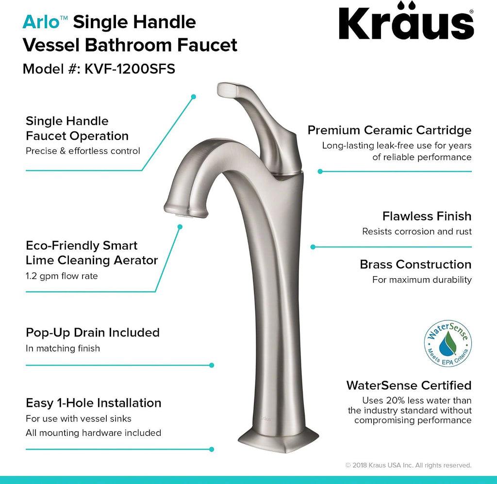 KRAUS KVF-1200SFS Arlo Single Handle Vessel Bathroom Faucet with Pop Up Drain, Spot-Free All-Brite Brushed Nickel (2 Pack)