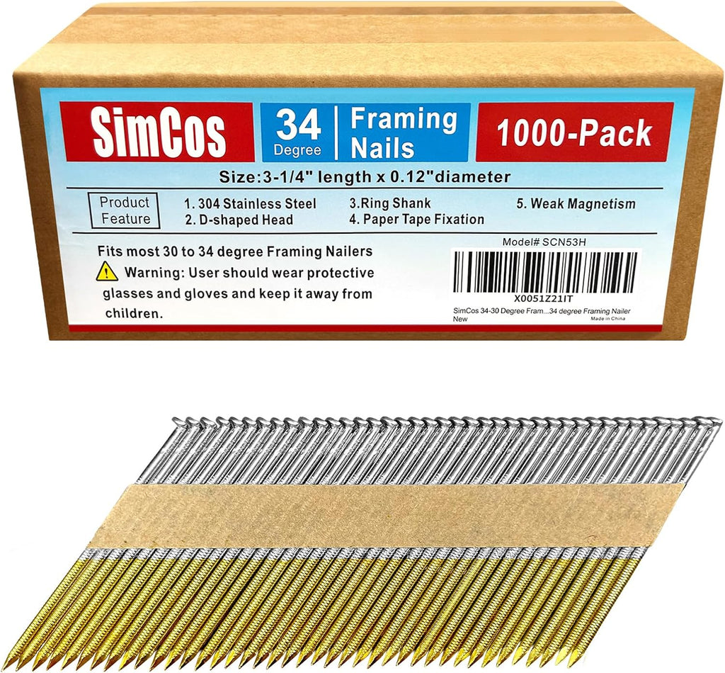 34-30 Degree Framing Nails 304 Stainless Steel D Head 3-1/4' Ring Shank Paper Tape Strip Nails 1000 PCS for 30 to 34 degree Framing Nailer