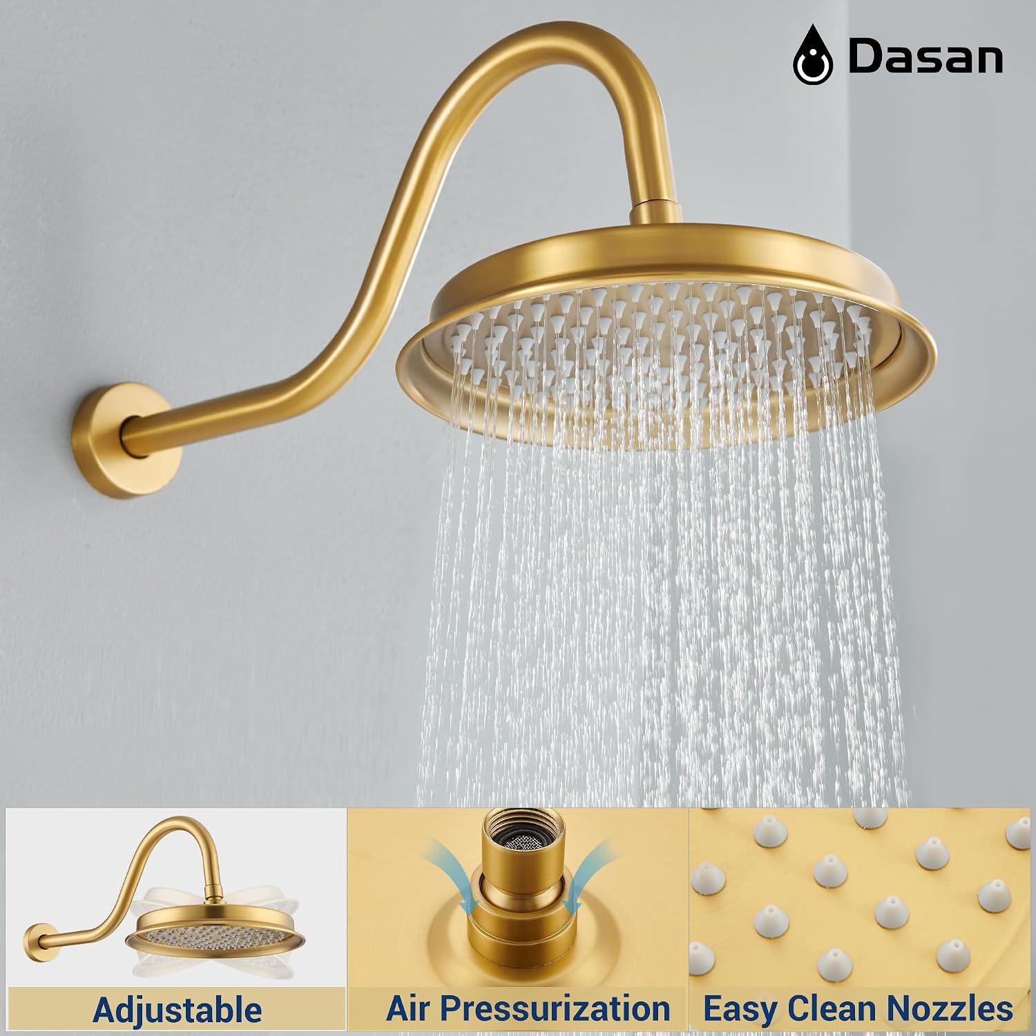 DASAN Brushed Gold Shower System with Tub Spout, Tub and Shower Faucet Combo Set with Valve & Trim Kit Bathtub Shower Faucet Set Bathtub Shower System with Rainfall Shower Head & Handheld, AT309W-BTG