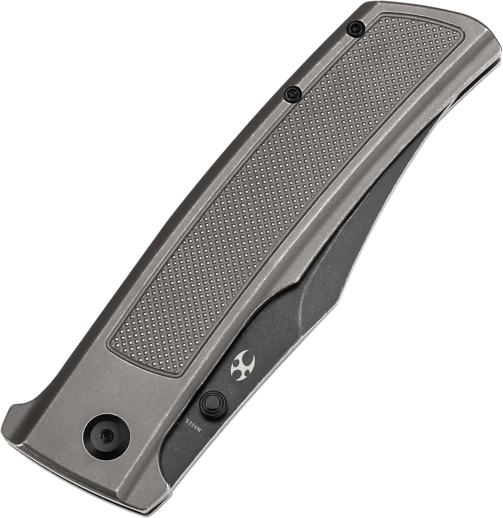 KANSEPT Bison Pocket Folding Knife, 4.25'' Blackwash CPM S35VN Steel Sharp Blade, Grey Anodized Titanium with Frag Pattern Handle, Frame Lock and Thumb Stud for Edc, Camping Hiking Knives K1108A3