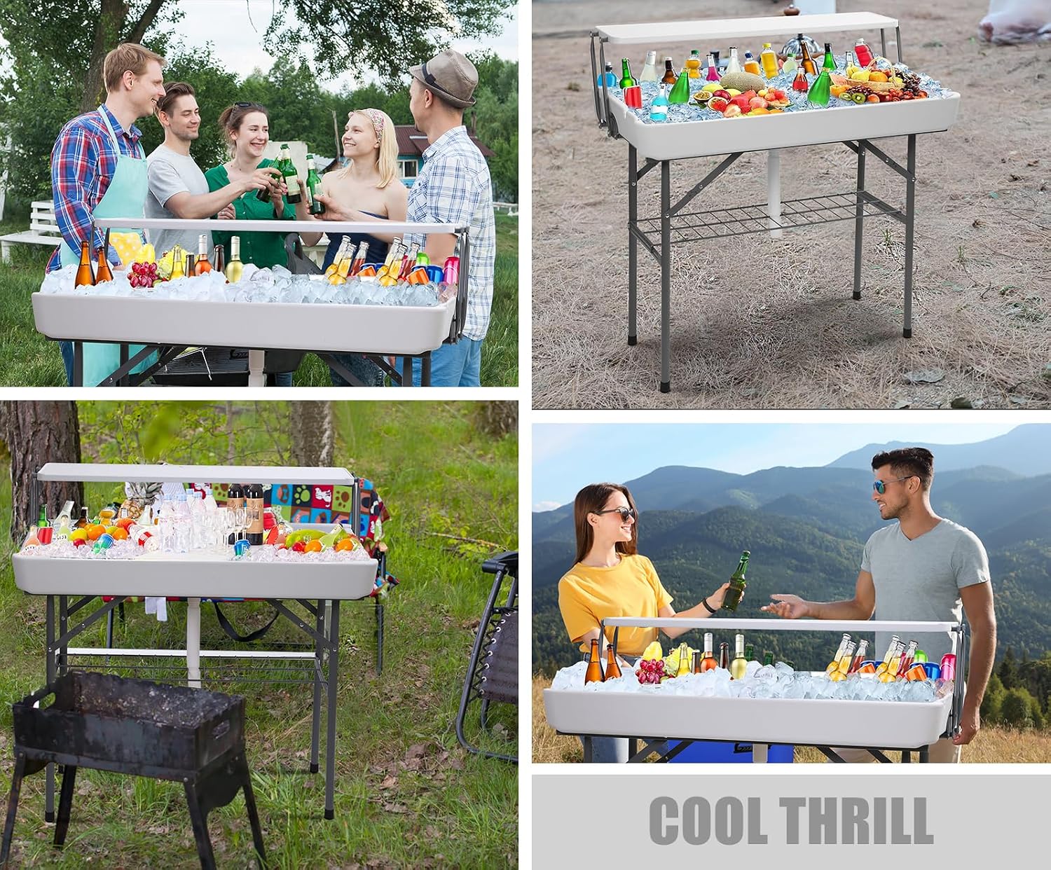 Nice C 4 ft Folding Ice Cooler Table, Party Cooler, Grazing Table, Tables with Drain, Bar Cooler Tables, with Matching Skirt, Storage Shelf (White)