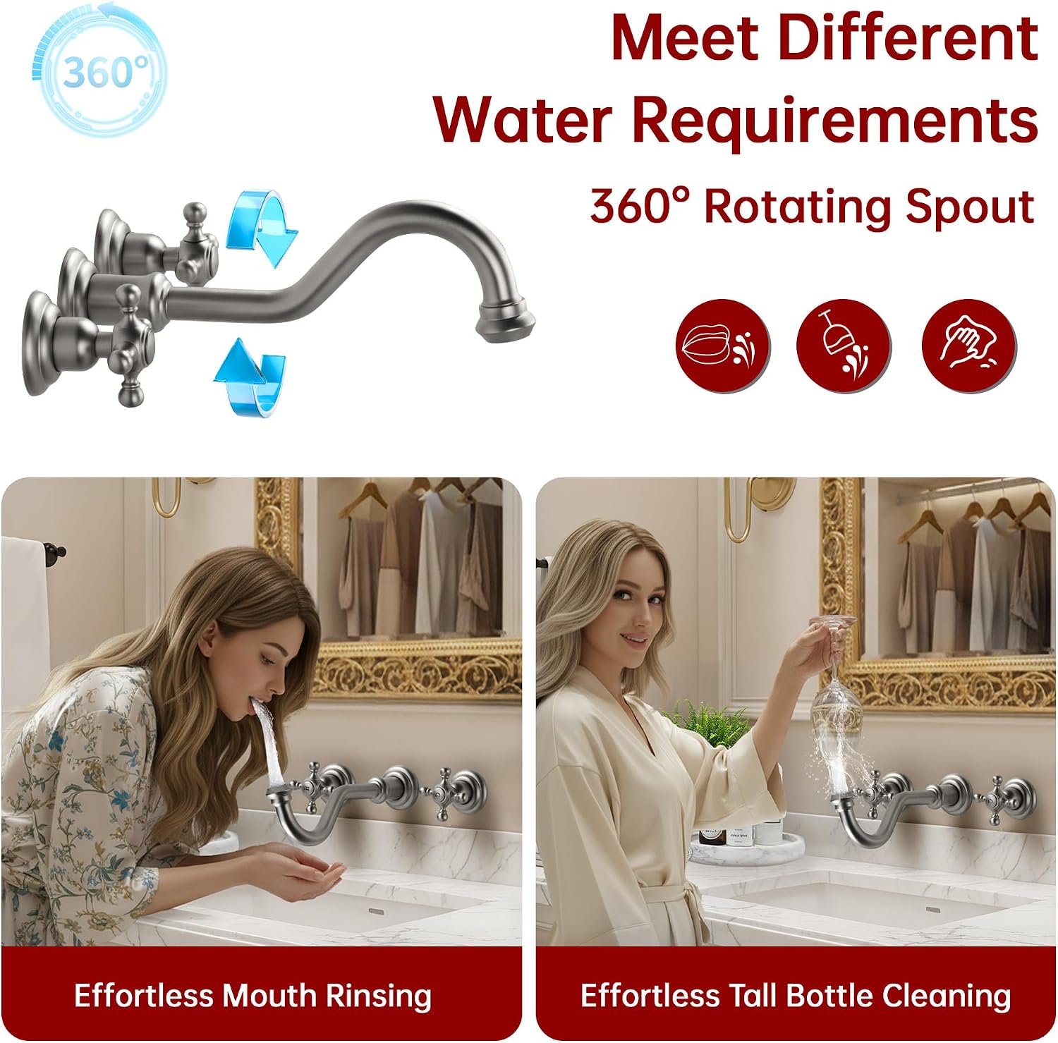 SUMERAIN Traditional Brushed Nickel Wall-Mounted Vessel Faucet, 3 Holes Cross Handles Bathroom Lavatory Sink with Included Rough-in Valve