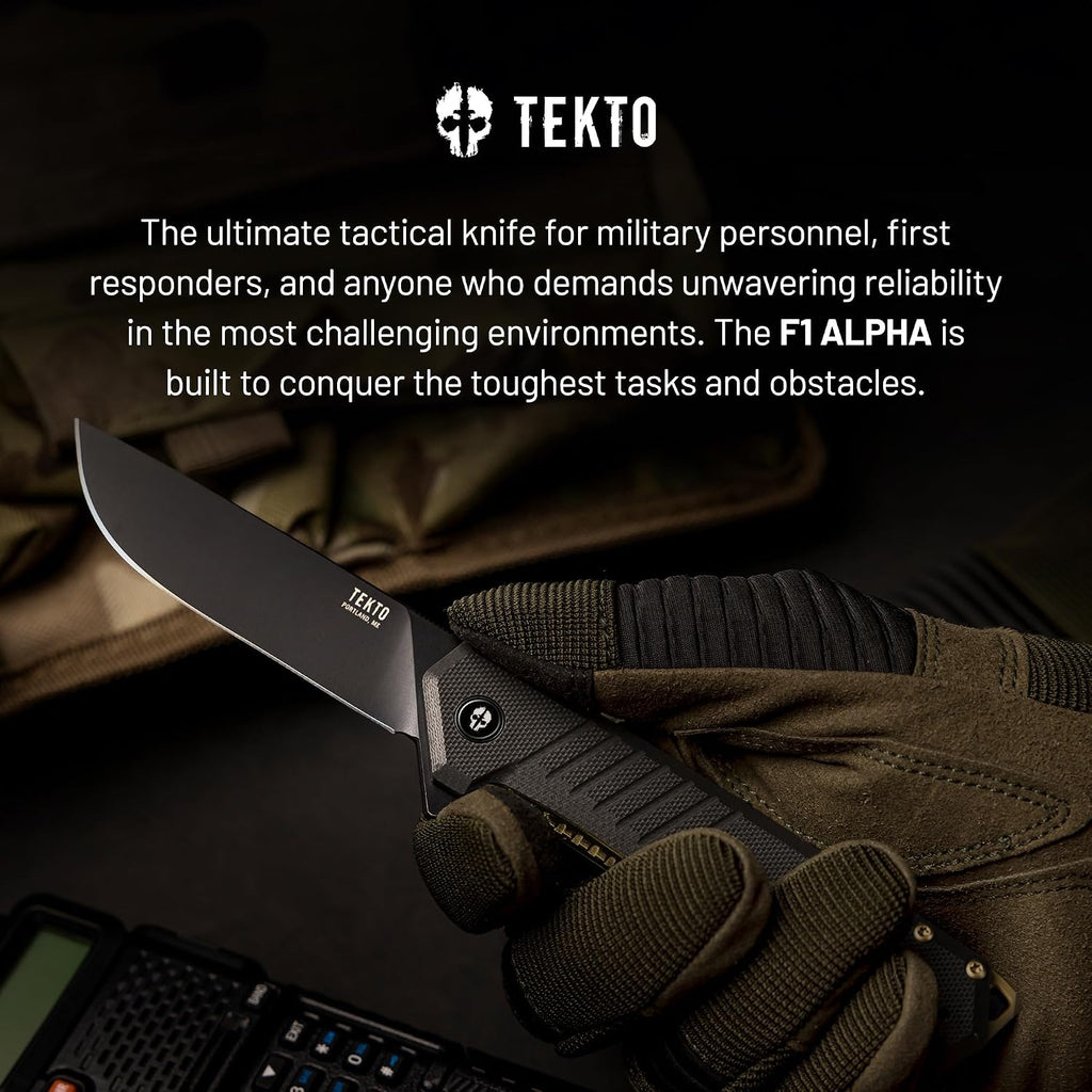 TEKTO F1 Alpha Folding Pocket Knife - Modified Straight Back Blade, Titanium Coated D2 Steel, Tactical Knife, EDC Folding Pocket Knives for Camping, Hunting & Backpacking - G10 Black, Bronze Accents