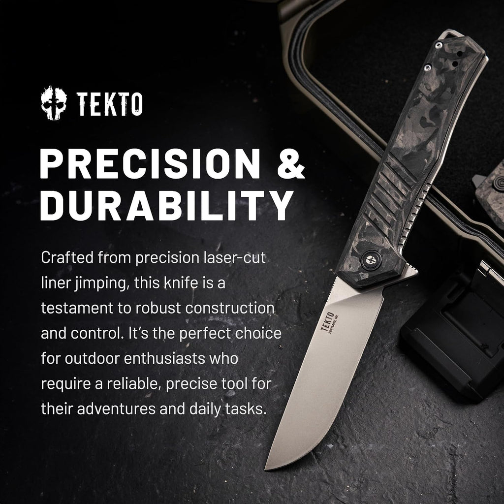 TEKTO F1 Alpha Folding Pocket Knife - Modified Straight Back Blade, Titanium Coated D2 Steel, Tactical Knife, EDC Folding Pocket Knives for Camping & Hunting - Forged Carbon, Silver Titanium Accents