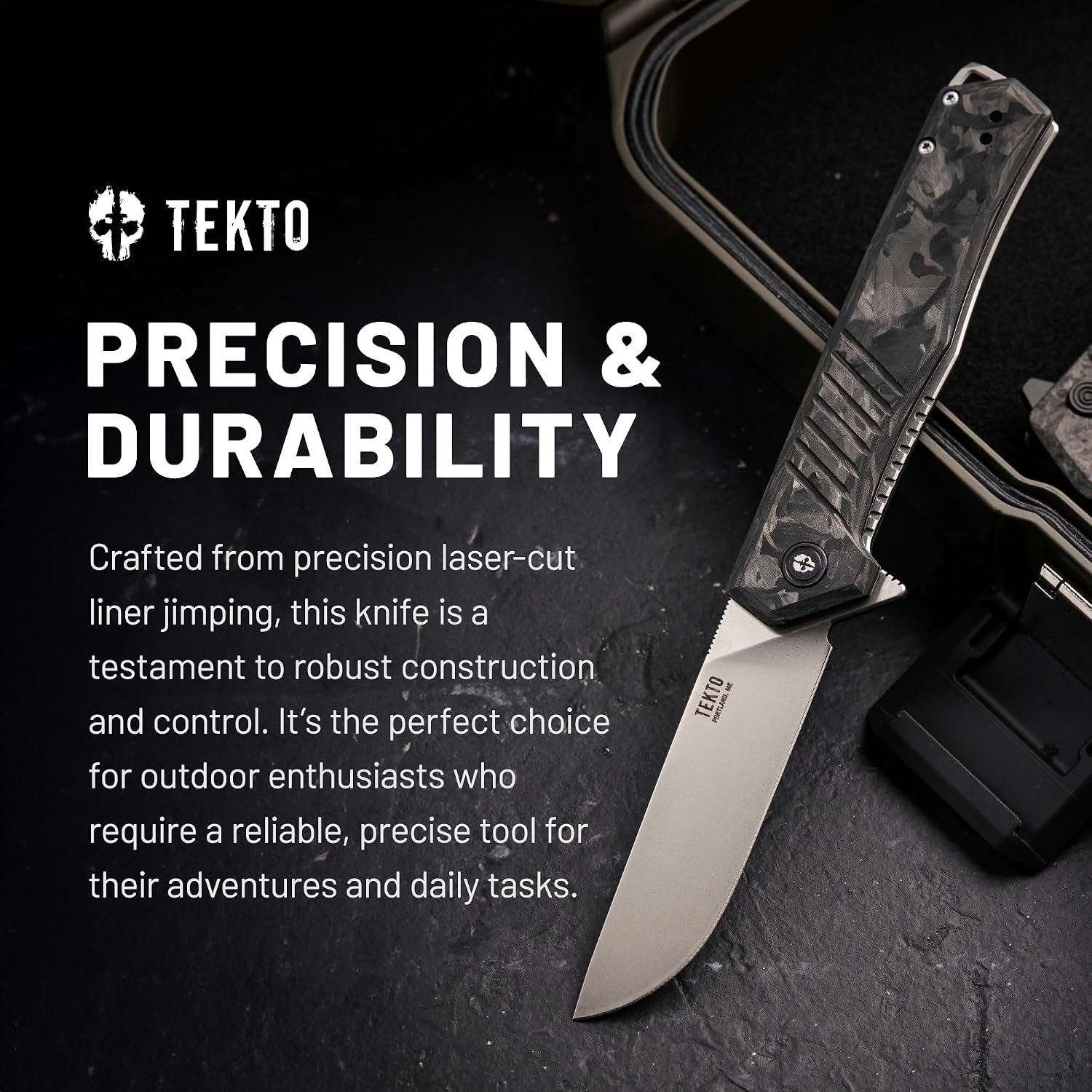 TEKTO F1 Alpha Folding Pocket Knife - Modified Straight Back Blade, Titanium Coated D2 Steel, Tactical Knife, EDC Folding Pocket Knives for Camping & Hunting - Forged Carbon, Silver Titanium Accents