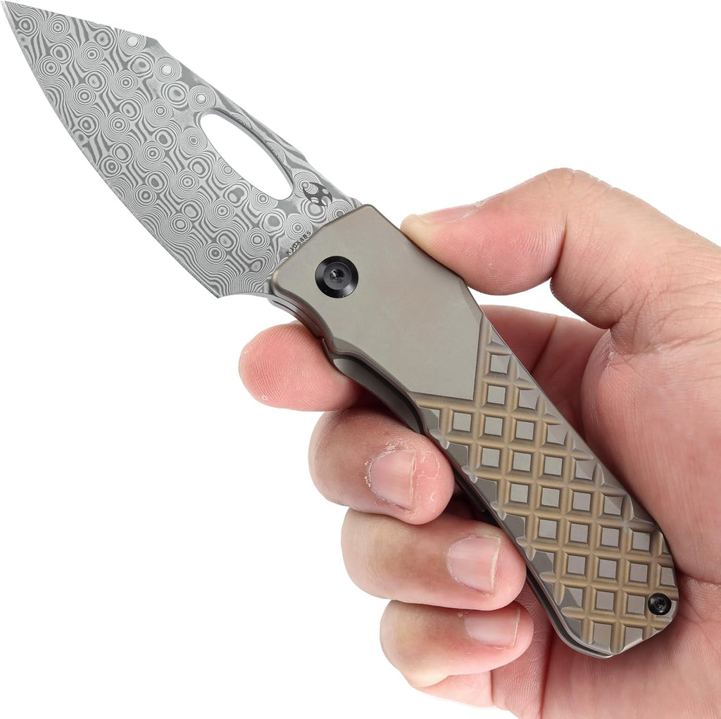 KANSEPT Loki Pocket Folding Knives for Men EDC Camping Folding Knife 2.99'' Damascus Blade Material Pocke Knife with Bronzed Anodized Titanium with Frag Pattern Handle Everyday Carry K1058B5