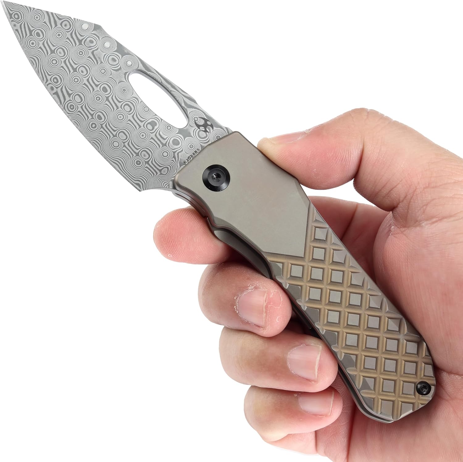 KANSEPT Loki Pocket Folding Knives for Men EDC Camping Folding Knife 2.99'' Damascus Blade Material Pocke Knife with Bronzed Anodized Titanium with Frag Pattern Handle Everyday Carry K1058B5