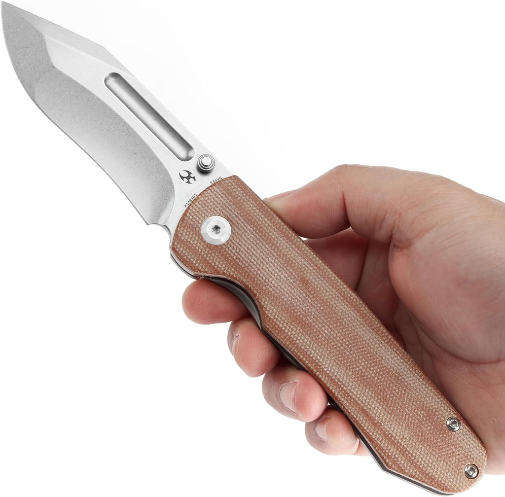 KANSEPT Superhawk Pocket Knives, 3.89'' Stonewashed CPM S35VN Steel Sharp Blade, Titanium and Brown Micarta Handle, Thumb Stud for Edc and Outdoor, 9.03'' Camping Folding Hiking Knive K1084B1