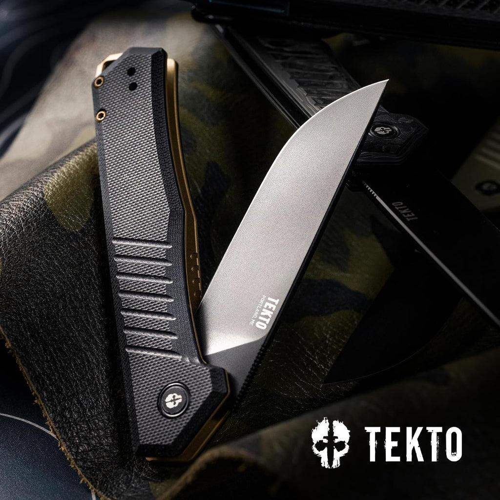 TEKTO F1 Alpha Folding Pocket Knife - Modified Straight Back Blade, Titanium Coated D2 Steel, Tactical Knife, EDC Folding Pocket Knives for Camping, Hunting & Backpacking - G10 Black, Bronze Accents