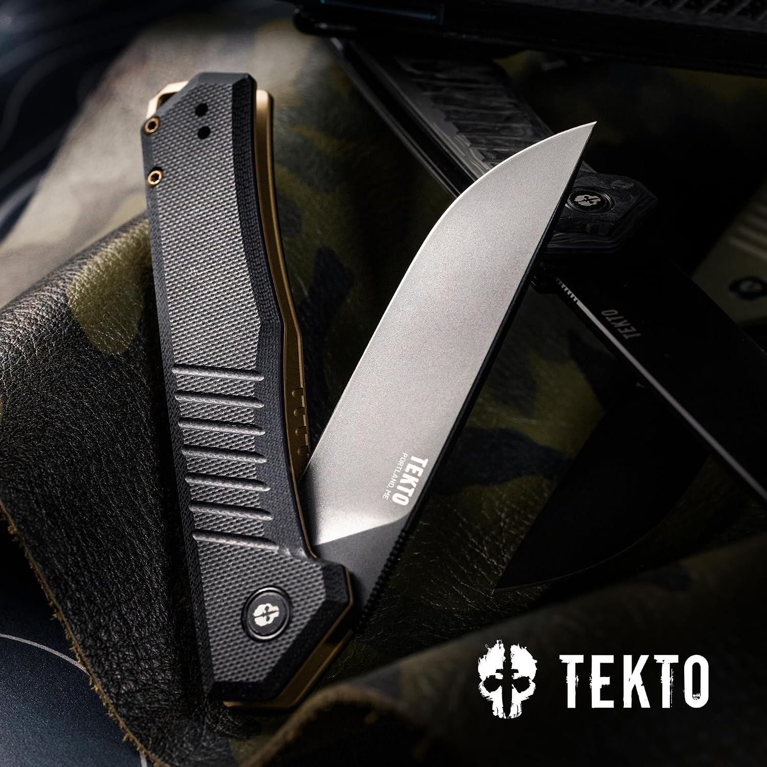 TEKTO F1 Alpha Folding Pocket Knife - Modified Straight Back Blade, Titanium Coated D2 Steel, Tactical Knife, EDC Folding Pocket Knives for Camping, Hunting & Backpacking - G10 Black, Bronze Accents
