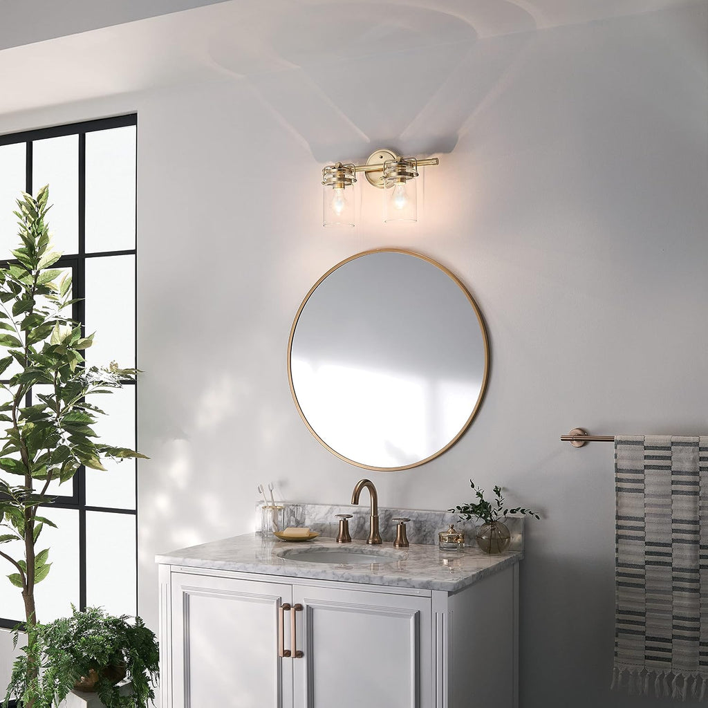 Kichler Brinley 2-Light Bathroom Vanity Light Fixture 15.75 in Industrial Farmhouse with Clear Glass in Champagne Bronze for Mirror Over Sink (15.75 x 10.25 x 6.75 in), 45688CPZ