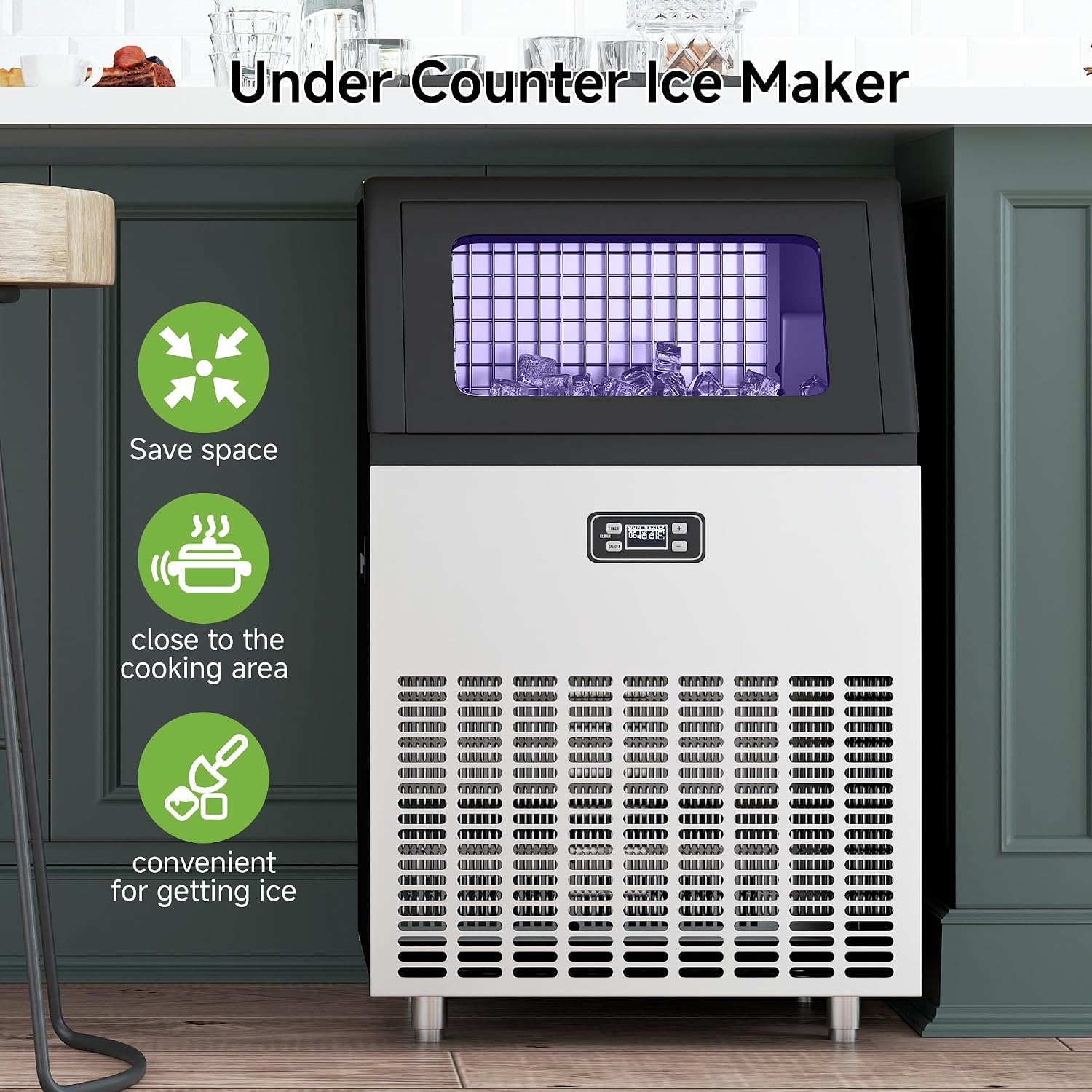 Real Relax Commercial Ice Machine, 270LBS/24H ETL Approval Under Counter Ice Maker Machine, 48LBS Ice Storage Capacity, Auto Self-Cleaning, LCD Display, with Ice Scoop for Party Bars