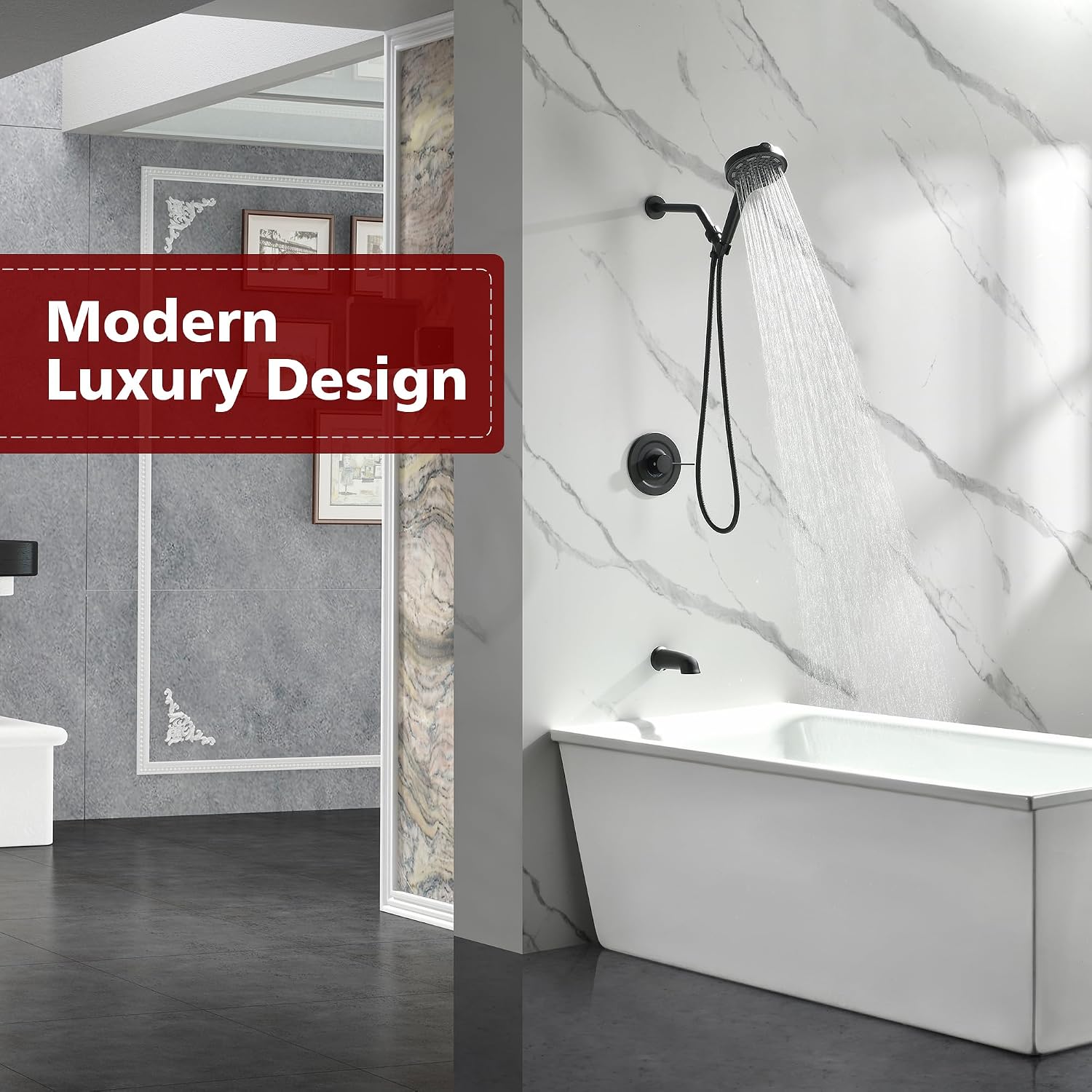 SUMERAIN Matte Black Shower System with Tub Spout, Modern Tub Shower Faucet with 6-Spray Filtered Handheld Shower Head