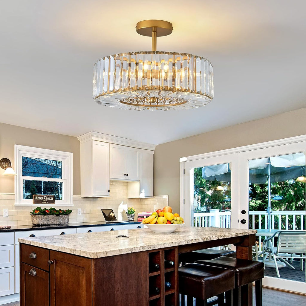 Piepooye 4 Lights Modern Crystal Chandelier Gold Round Semi Flush Mount Ceiling Light Fixture Farmhouse Chandelier for Dining Room Living Room Bedroom Hallway Entryway Kitchen