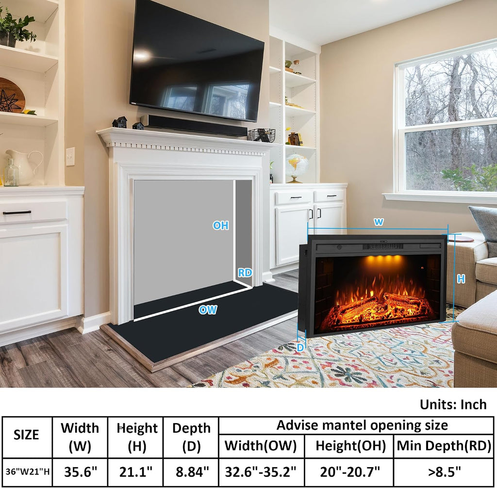 36 inch Wide 21 inch High Electric Fireplace, Wall Fireplace Electric with Remote Control, Realistic Log and Crackling Sound, Overheating Protection and Timer, 750/1500W Black