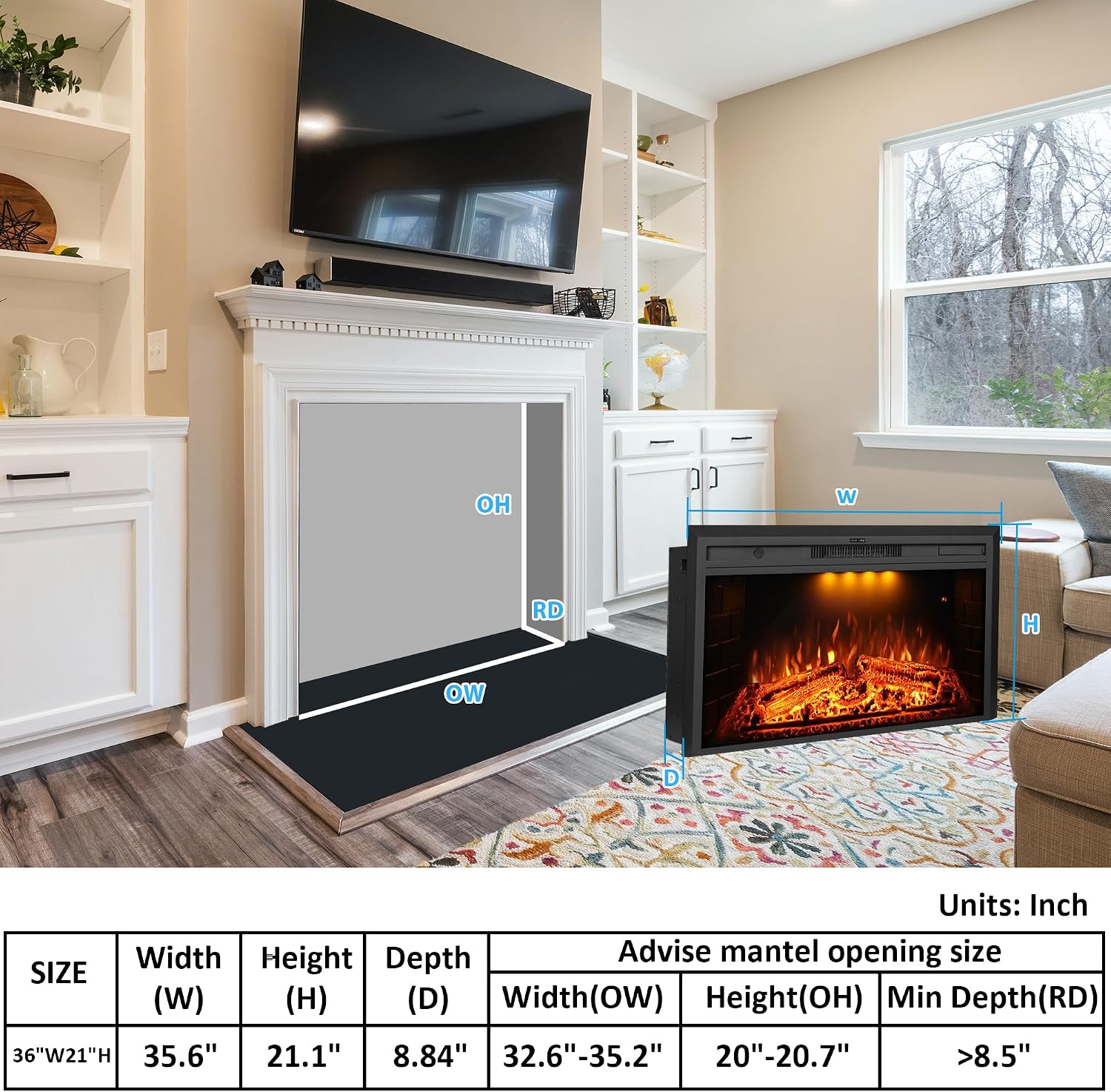 36 inch Wide 21 inch High Electric Fireplace, Wall Fireplace Electric with Remote Control, Realistic Log and Crackling Sound, Overheating Protection and Timer, 750/1500W Black