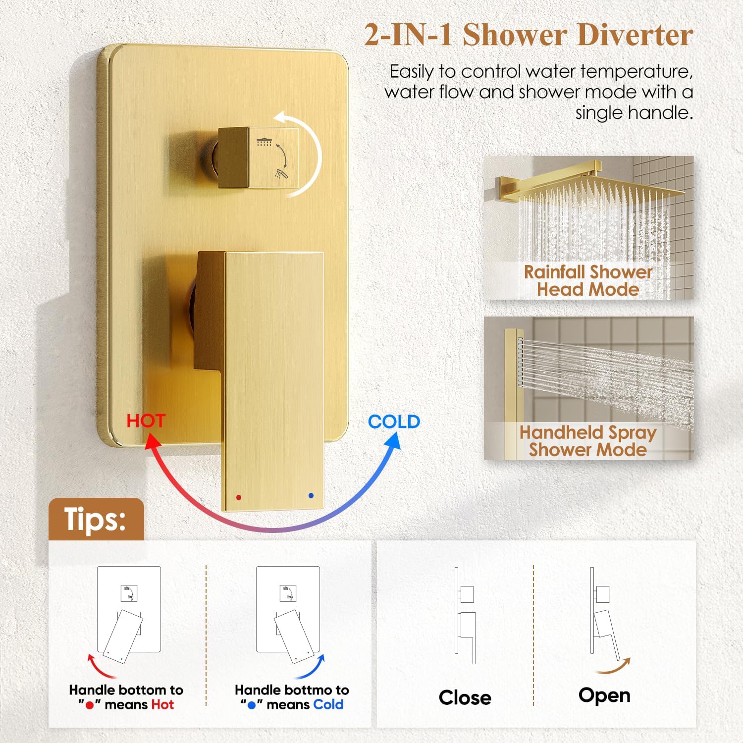 Kurpot Shower System, Gold Shower Faucet Set with Shower Valve and Trim Kit, 12 Inch Rain Shower Head with Handheld Spray, Brushed Gold Shower Head and Handle Set, High Pressure Shower Head System