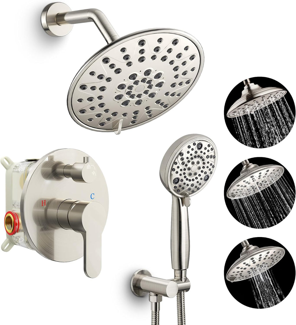 SR SUN RISE Shower Faucet - 8 Inch Multifunctional High Pressure Shower Head System with Handheld Shower Head Fixtures - Valve Included - Brushed Nickel
