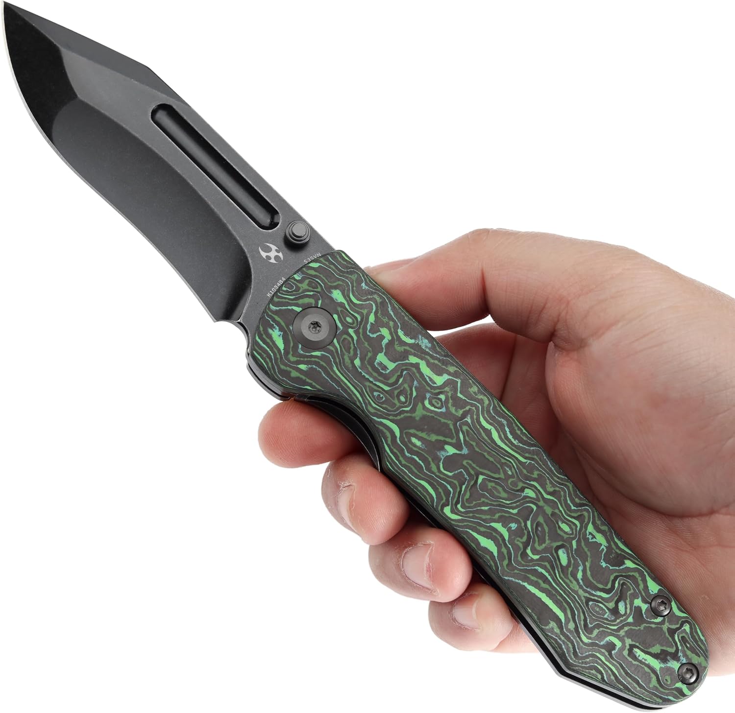 KANSEPT Superhawk Pocket Knives, 3.89''Blackwash CPM S35VN Steel Sharp Blade, Black Titanium with Green Carbon Fiber Handle, Thumb Stud for Edc and Outdoor, 9.03'' Camping Folding Hiking Knive K1084B4