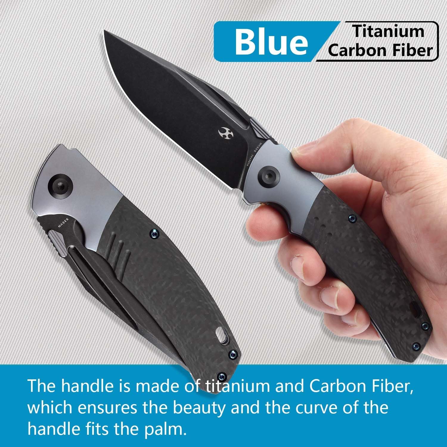 KANSEPT Hinterland Pocket Folding Knives for Men EDC Camping Folding Knife 3.58'' Blackwash CPM S35VN Blade Pocket Folding Knife with Blue Anodized Titanium Twill Carbon Fiber Inlay Handle K1057A1