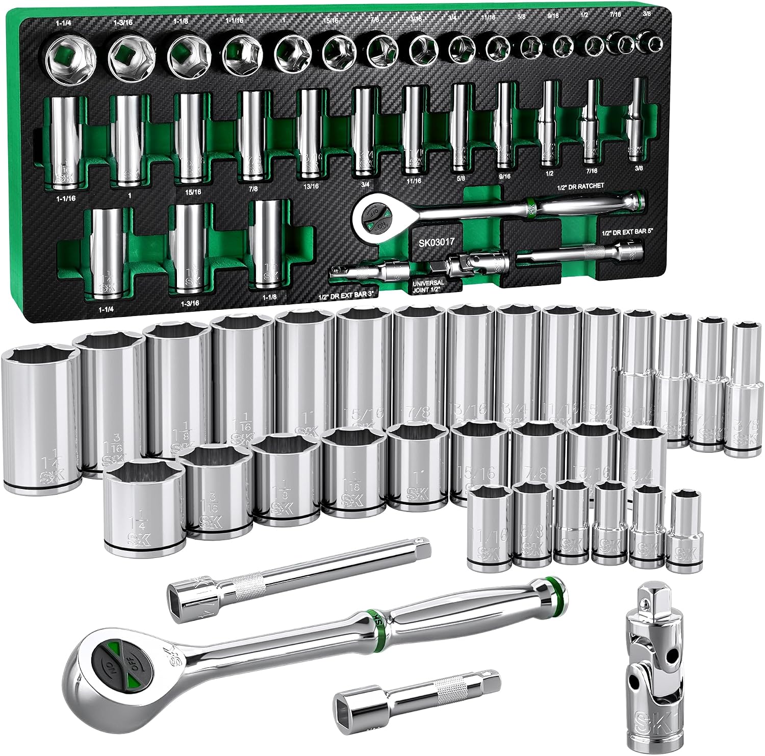 SK 1/2' Drive Socket Set with 160-P Ratchet, 34-Piece, SAE, SuperKrome Finish, Premium CR-V Construction, with EVA Foam Tool Organizer