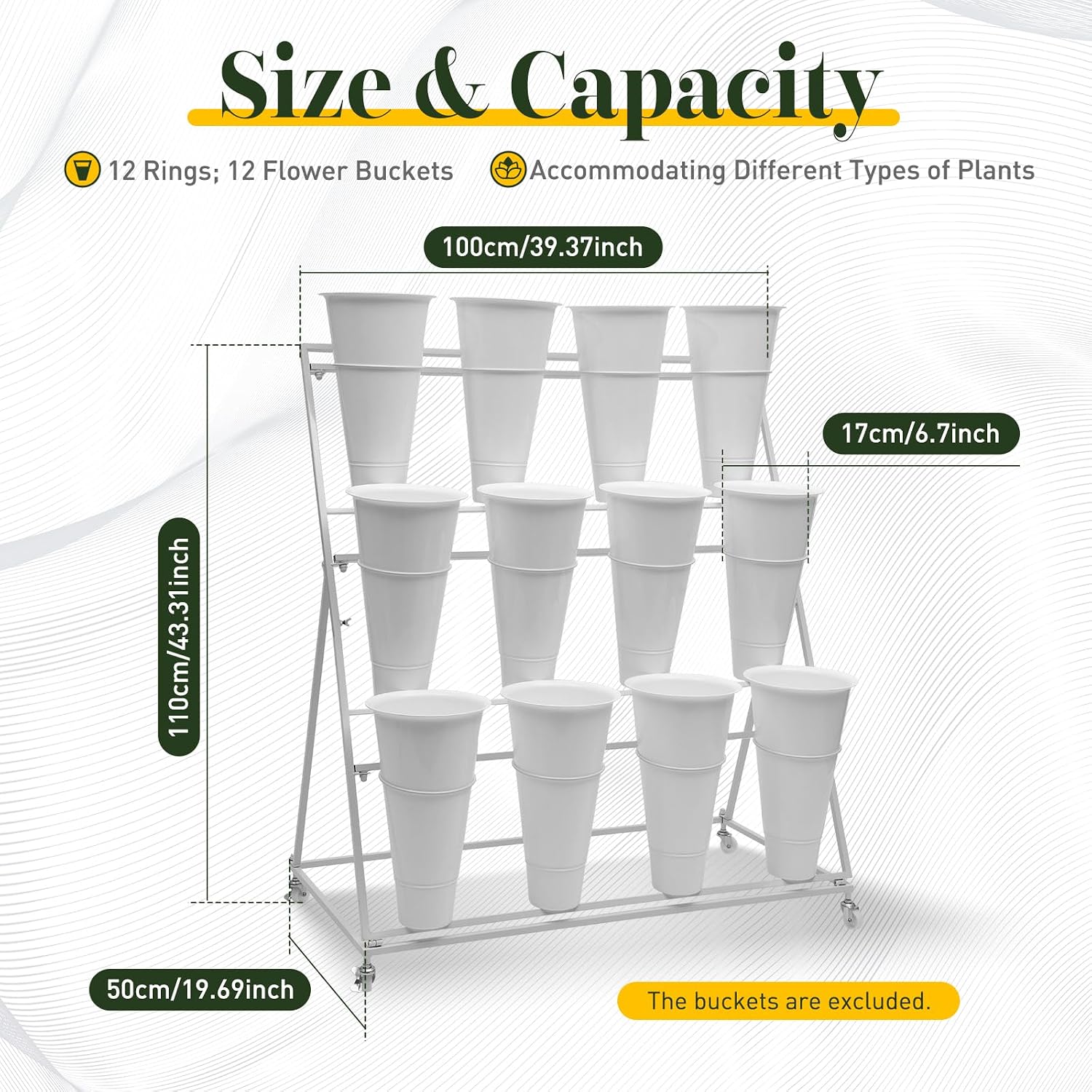 Flower Display Stand with 12Pcs White Round Buckets, 3 Layers White Metal Plant Stand with Wheels, Moving Florist Bouquet Shelf for Fresh Flowers Shop Patio Garden Outdoor Flower Pop-Up Events