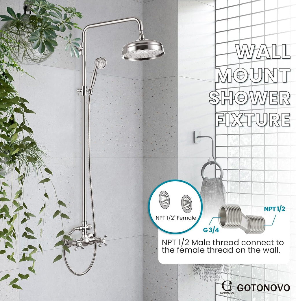 gotonovo Bathroom Exposed Shower Fixtures 8 Inch Rain Showerhead Double Cross Handles 2 Function Wall Mount Shower Faucet Set, Brass Handheld Spray, Brushed Nickel