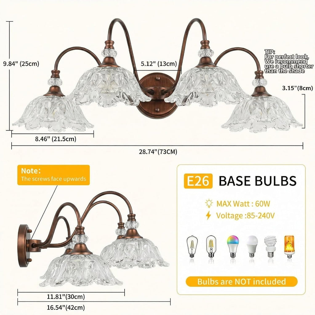 Antique Red Bronze Finish Bathroom Vanity Light, 4-Light Vintage Vanity Light with Floral Clear Glass Shades, Retro Wall Mount Lighting for Bathroom, Dressing Table