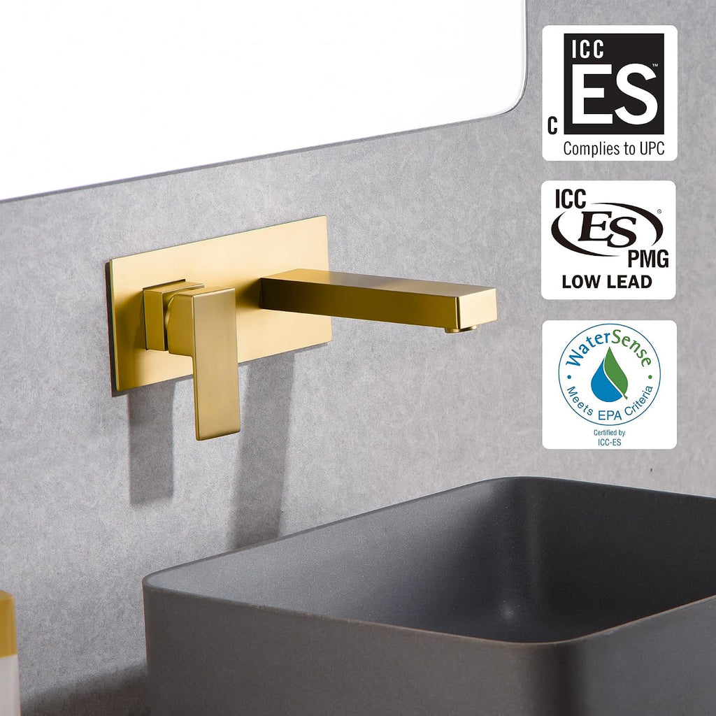 sumerain Wall Mount Bathroom Sink Faucet Brushed Gold and Rough in Valve Included, Left-Handed Single Handle