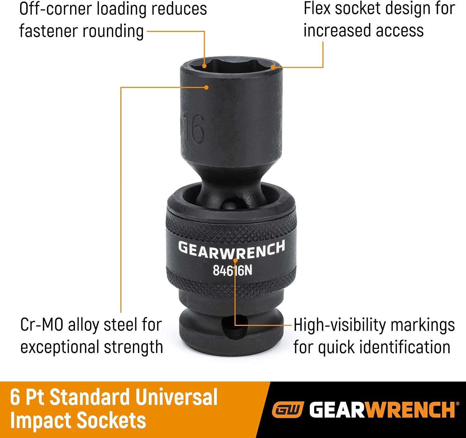 GEARWRENCH 13 Pc. 1/2' Drive 6 Pt. Standard Universal Impact Socket Set, SAE - 84938N