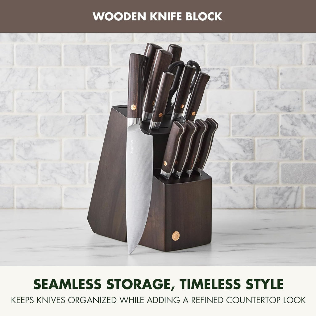 GreenPan Elite 13 Piece Wooden Knife Block Set, Professional Stainless Steel Blades with Titanium Coating, Ultra-Sharp Kitchen Cutlery, Chef, Santoku, Bread & Steak Knives, Ergonomic Brown Wood Handle