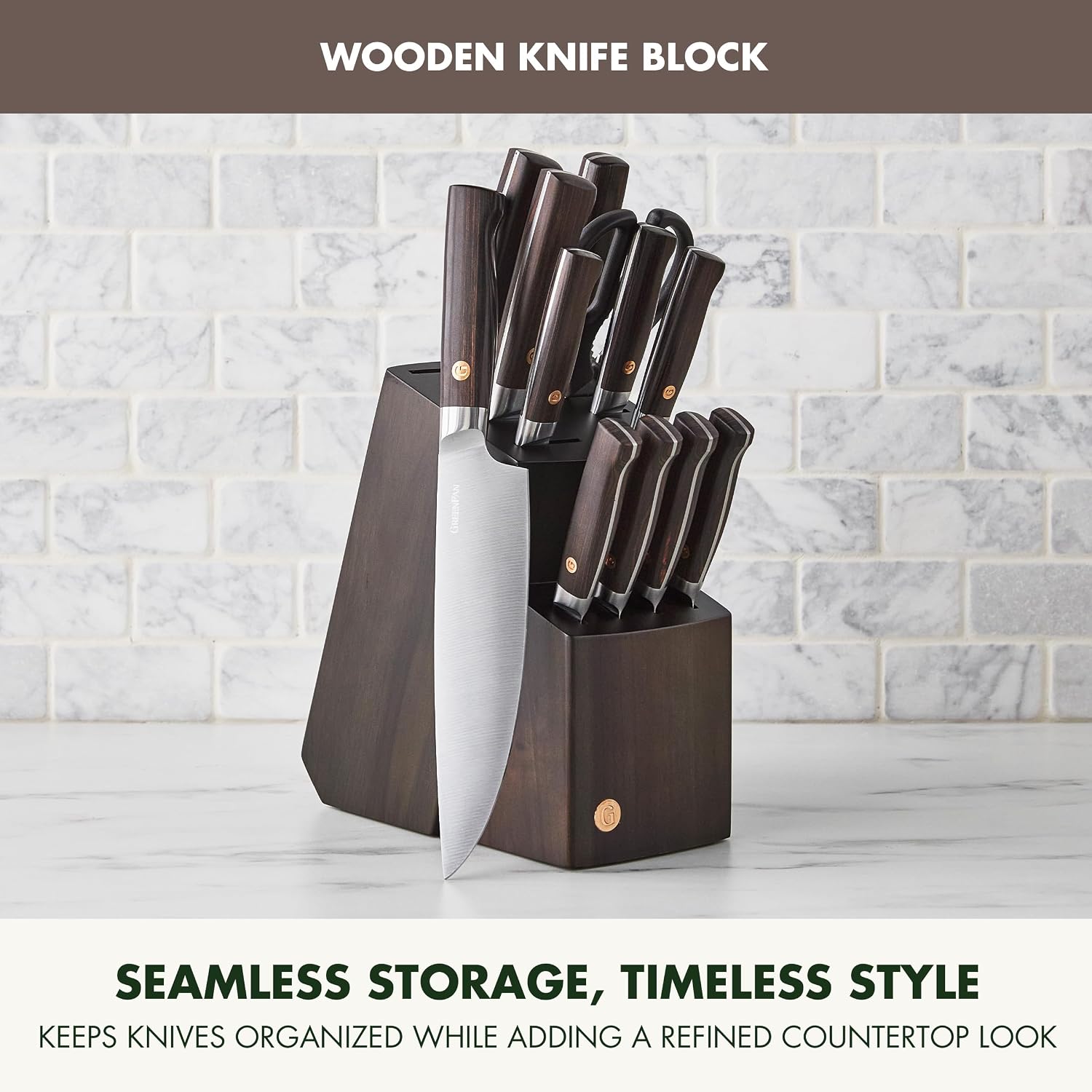GreenPan Elite 13 Piece Wooden Knife Block Set, Professional Stainless Steel Blades with Titanium Coating, Ultra-Sharp Kitchen Cutlery, Chef, Santoku, Bread & Steak Knives, Ergonomic Brown Wood Handle