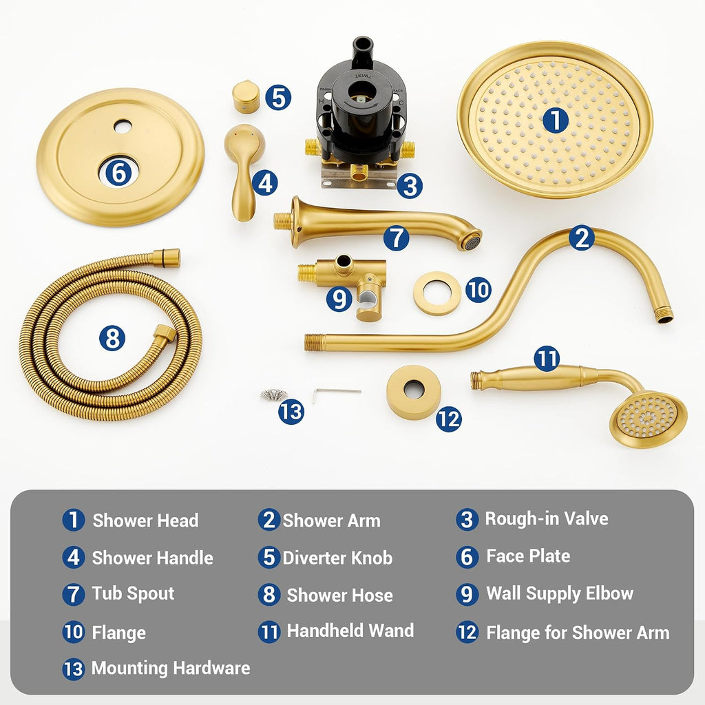 DASAN Brushed Gold Shower System with Tub Spout, Tub and Shower Faucet Combo Set with Valve & Trim Kit Bathtub Shower Faucet Set Bathtub Shower System with Rainfall Shower Head & Handheld, AT309W-BTG