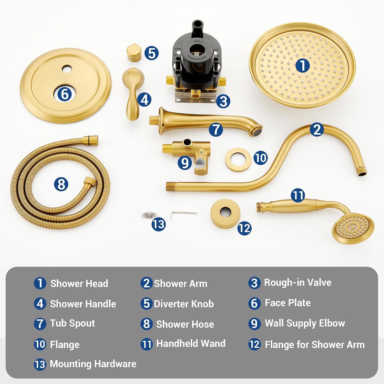 DASAN Brushed Gold Shower System with Tub Spout, Tub and Shower Faucet Combo Set with Valve & Trim Kit Bathtub Shower Faucet Set Bathtub Shower System with Rainfall Shower Head & Handheld, AT309W-BTG