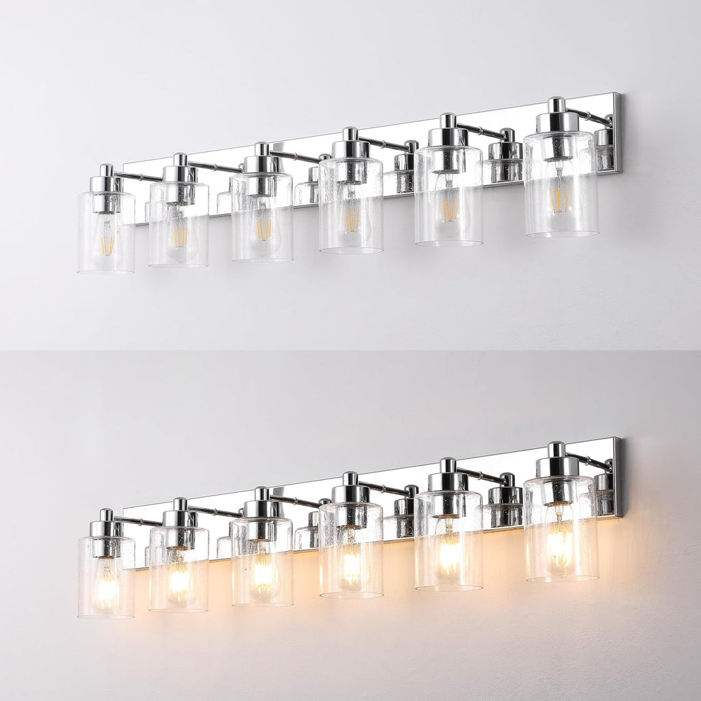 JONATHAN Y 40' Chrome/Clear 6-Light Modern LED Vanity Light for Bathroom Mirror, Mid-Century Wall Sconce with Clear Seeded Glass Shades, Contemporary Iron Fixture, LED Bulbs (JYL7621C)