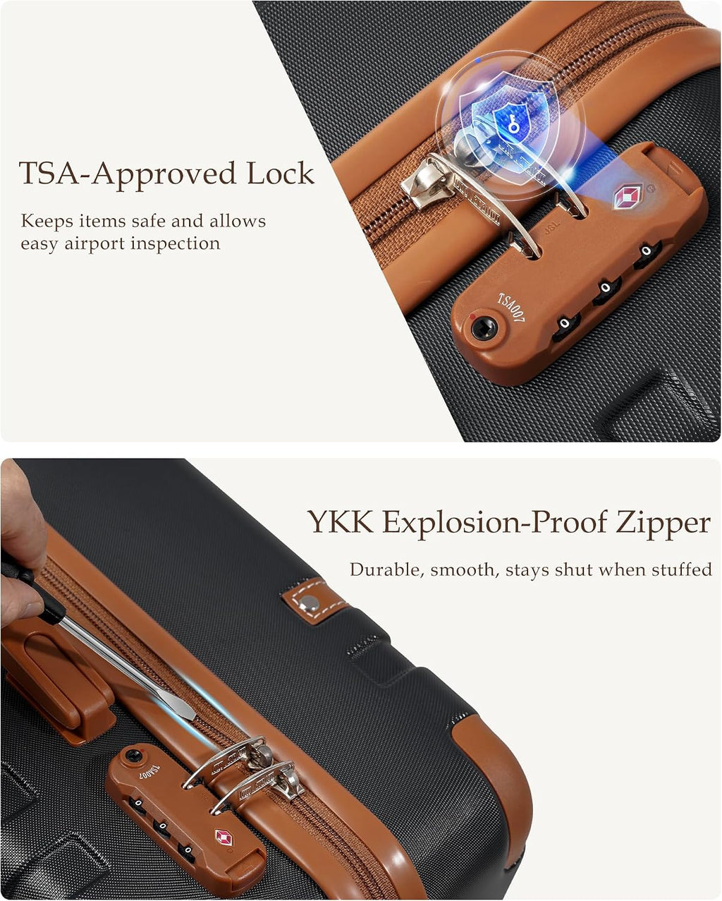LONG VACATION Luggage Sets 5 Piece, Suitcases With Wheels, PC+ABS Hardshell Luggage Set with Spinner Wheels, TSA Lock (Black Brown)