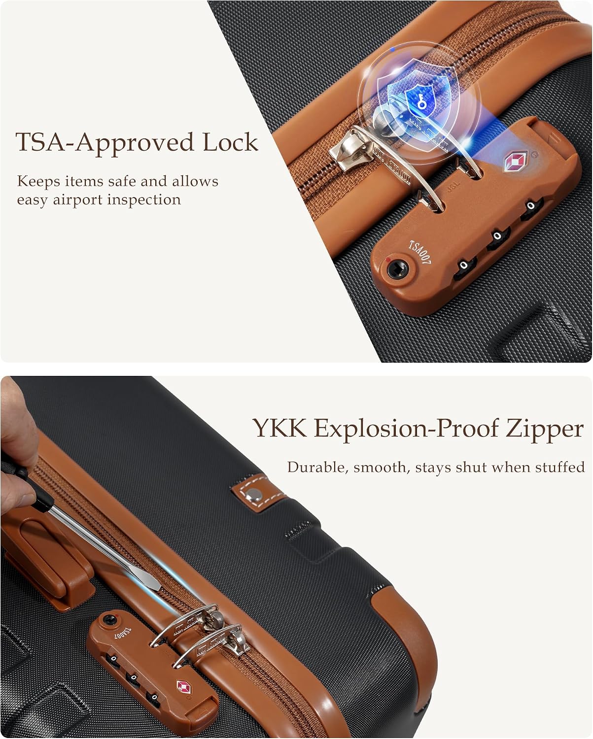 LONG VACATION Luggage Sets 5 Piece, Suitcases With Wheels, PC+ABS Hardshell Luggage Set with Spinner Wheels, TSA Lock (Black Brown)
