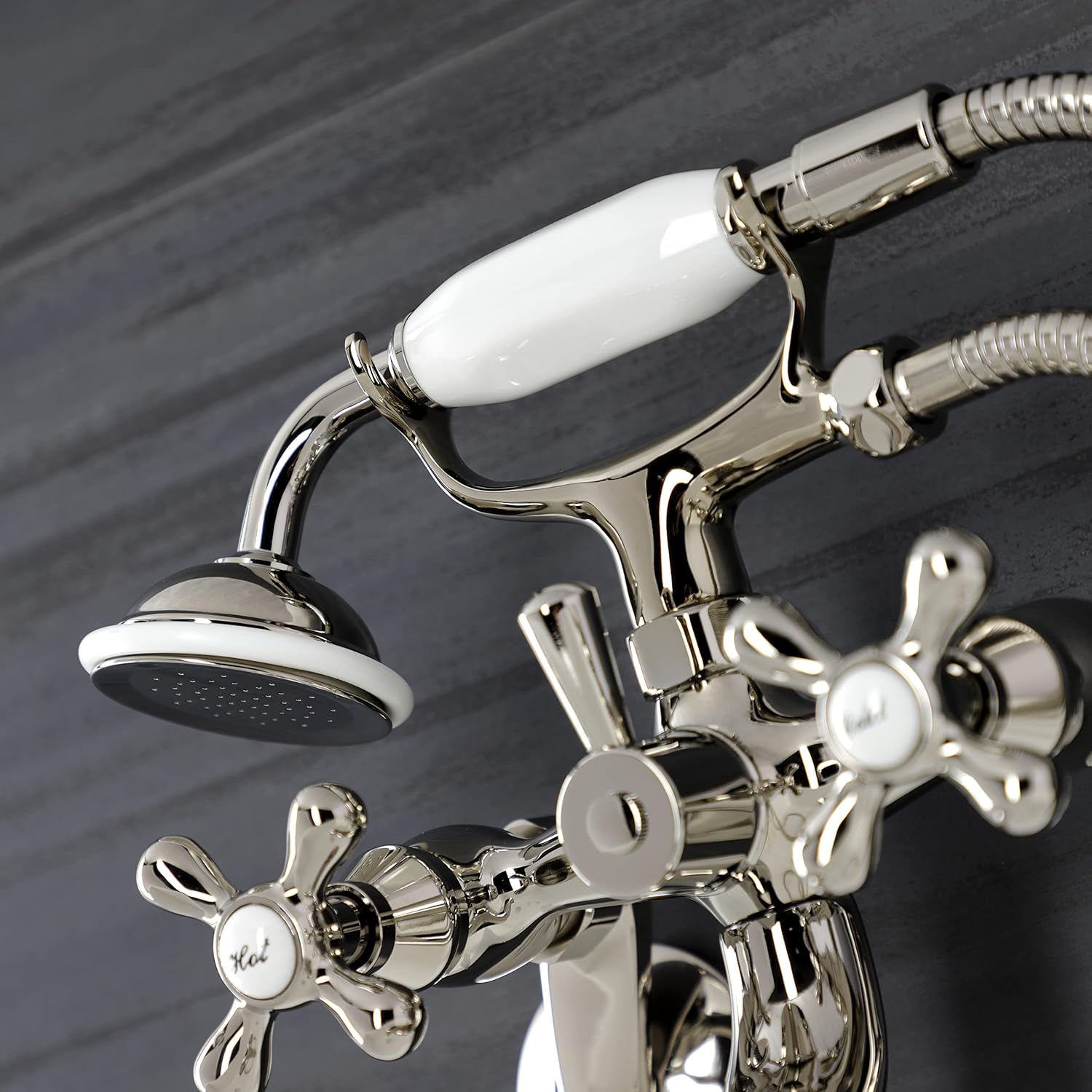 Kingston Brass KS226PN Kingston Wall Mount Tub Faucet with Hand Shower, Polished Nickel