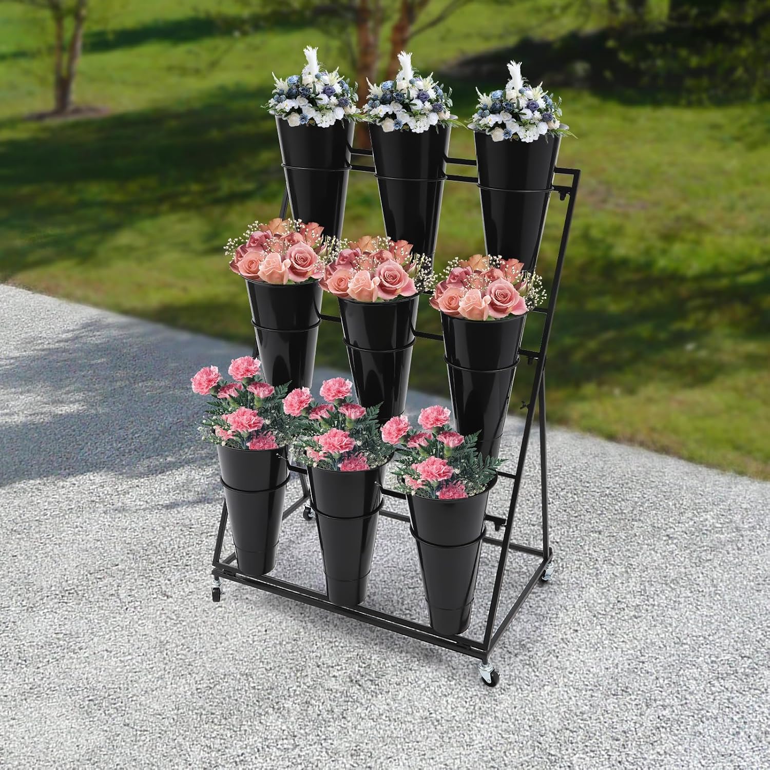 Flower Display Stand with 9Pcs Black Round Buckets, 3 Layers Black Metal Plant Holder with Wheels, Moving Florist Bouquet Shelf for Fresh Flowers Shop Patio Garden Outdoor Flower Pop-Up Events