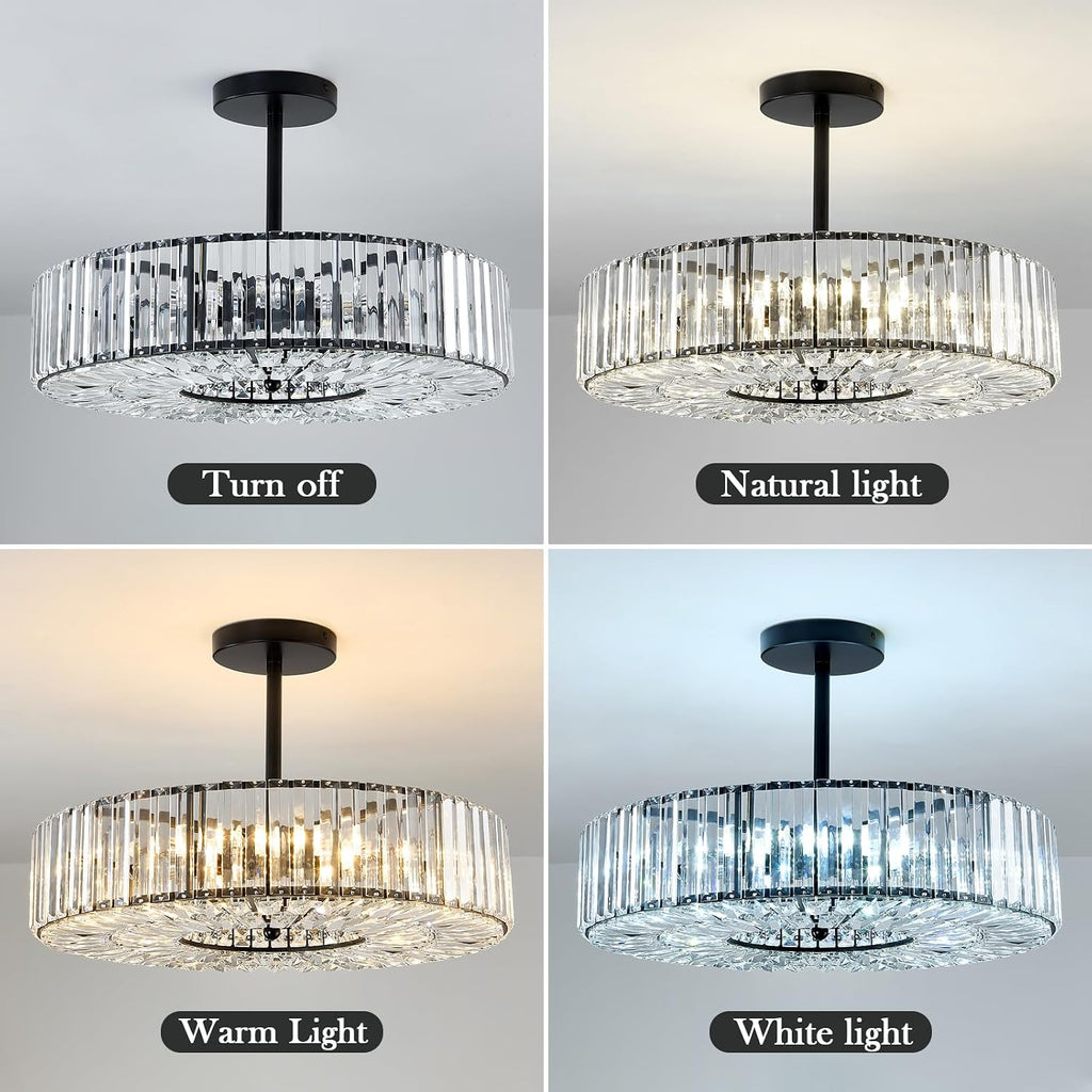 Piepooye 8 Lights Modern Large Crystal Chandelier Black Round Semi Flush Mount Ceiling Light Fixture Farmhouse Chandelier for Dinning Room Living Room Bedroom Hallway Entryway Kitchen