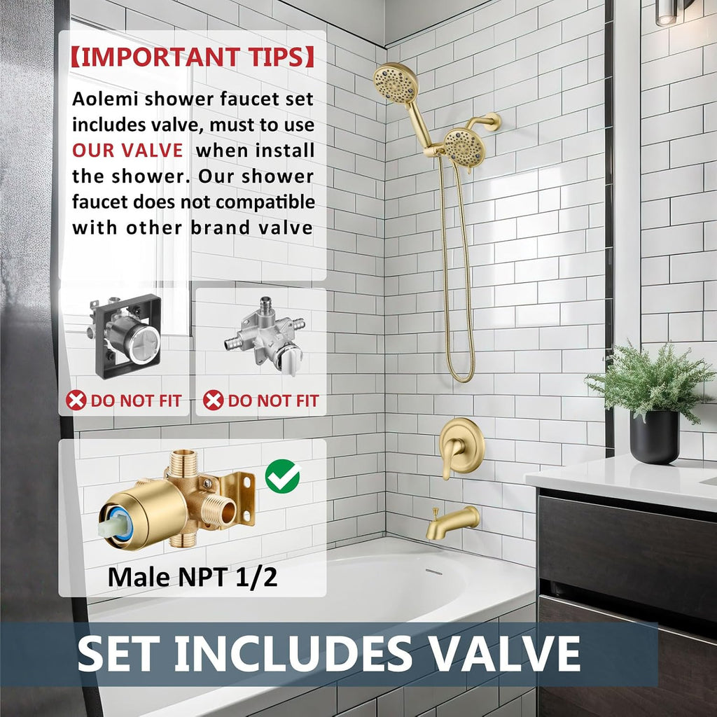 Aolemi Shower Faucet Set with Tub Spout Rain Shower Head System Shower Trim Kit Pressure Rough-in Valve Included ABS 8 Setting Dual Shower Head and Handheld Spray Brushed Gold