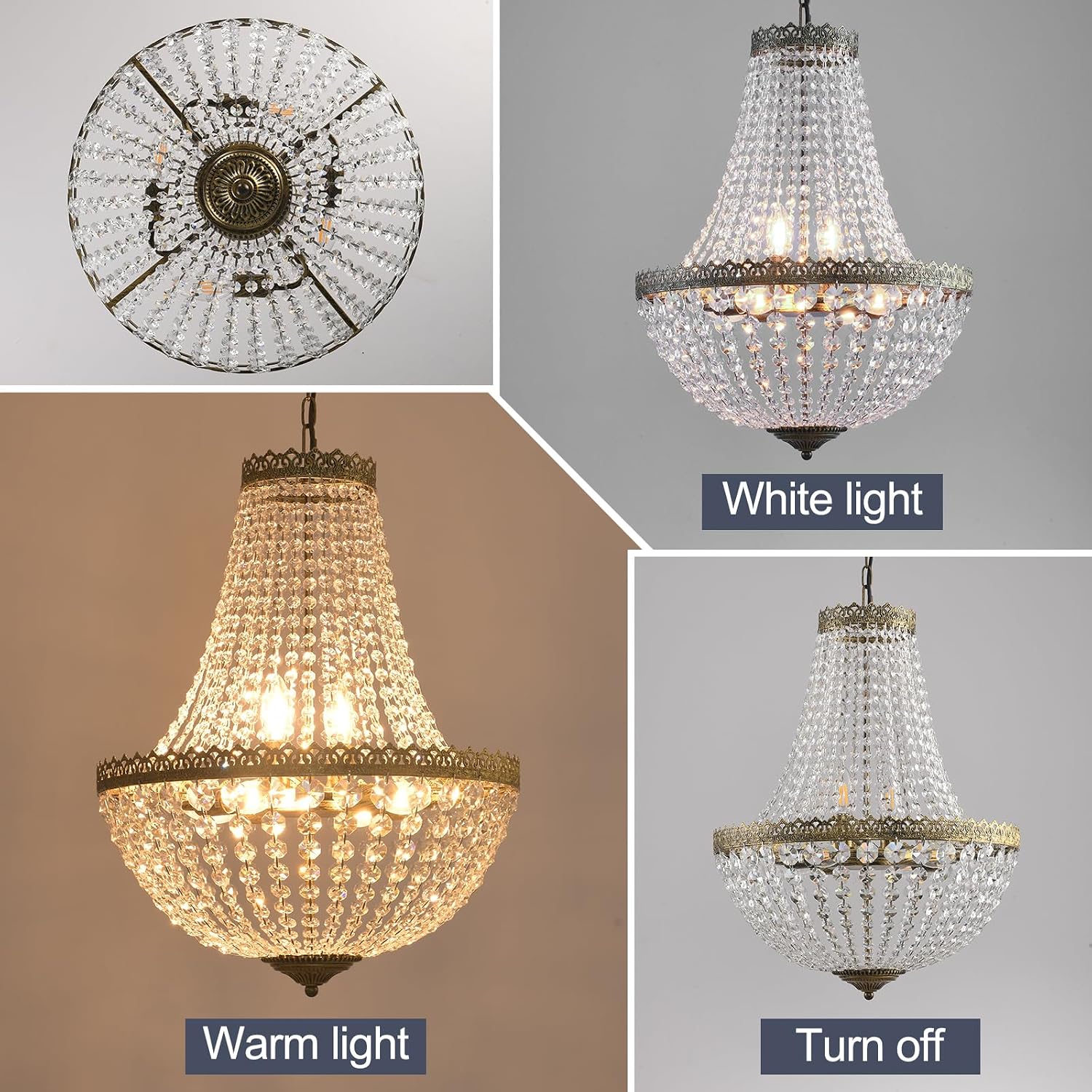 6 Lights French Empire Crystal Chandelier Farmhouse Pendant Lighting, Antique Brass Ceiling Light Fixture for Dining Room Bedroom Foyer Living Room, W18.5 x H25.6