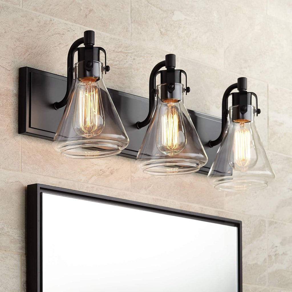 Possini Euro Design Cindy Farmhouse Industrial Rustic Wall Light Bronze Brown Metal Hardwired 24' Wide 3-Light Fixture Mounted Clear Glass Shade Bathroom Vanity Mirror House Home Hallway Room Decor