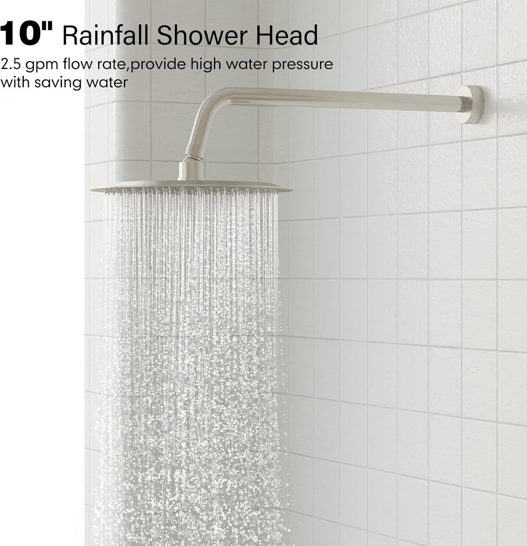 Gabrylly Shower System, Slide Bar Shower Faucet Set with High Pressure 10' Rain Shower Head and 5-Setting Handheld Spray, 2-Way Shower Valve Kit, Brushed Nickel