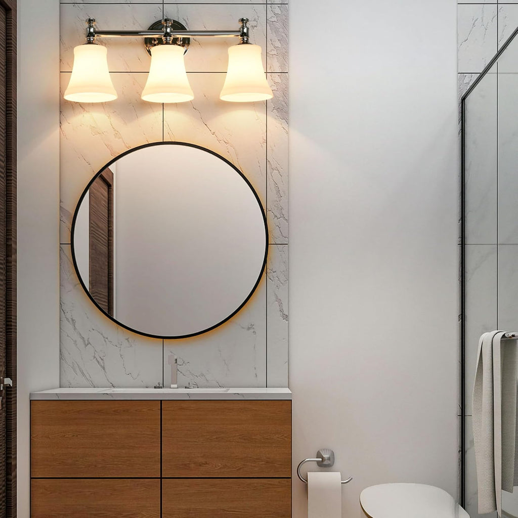 Polsihed Nickel Bathroom Vanity Light Fixtures, Traditional 3 Lights Wall Sconce Lighting with Large Opal Glass Shade, Porch Wall Mount Light Fixture for Bathroom, Mirror Cabinets Hallway Stairs