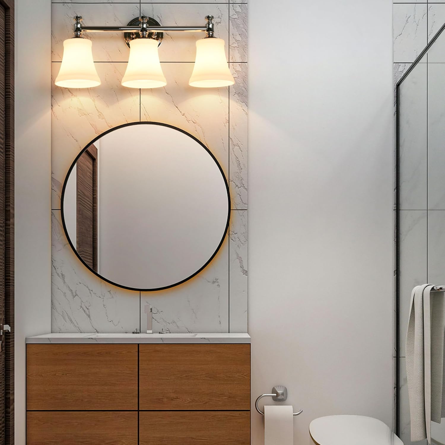 Polsihed Nickel Bathroom Vanity Light Fixtures, Traditional 3 Lights Wall Sconce Lighting with Large Opal Glass Shade, Porch Wall Mount Light Fixture for Bathroom, Mirror Cabinets Hallway Stairs